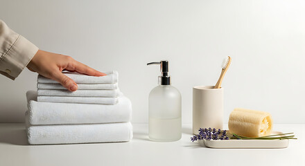 A person's hand arranging a neat stack of clean white towels on a countertop. Minimalist bathroom setup with natural spa accessories and eco-friendly toiletries for a daily wellness routine.