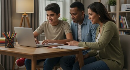 Supportive multiracial parents helping their teenage son with his online homework on a laptop at home, fostering education and family bonding.