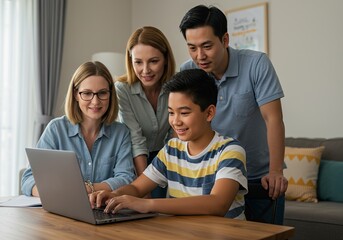 Happy multiracial family gathered around a laptop, with parents proudly supporting their son's online education and homework.