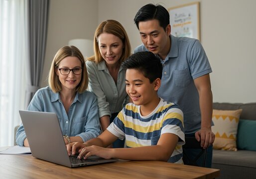 Happy multiracial family gathered around a laptop, with parents proudly supporting their son's online education and homework.