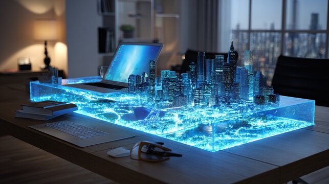 Illuminated blue futuristic cityscape model with detailed buildings and a laptop on a modern office desk