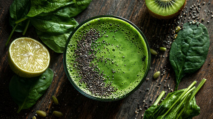 Obraz premium Probiotic green smoothie with spirulina chia seeds and fresh ingredients