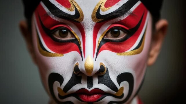 Intricate Peking opera makeup enhances performer's expression during cultural display in traditional theater setting