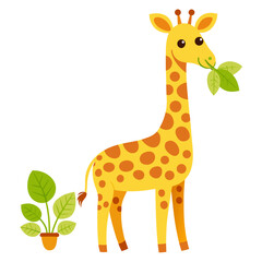 Obraz premium vector illustration of giraffe, eating leaves, cartoon