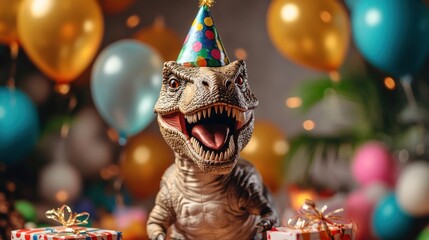 Tyrannosaurus Rex celebrating a whimsical birthday with gifts and balloons galore