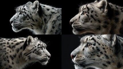 Obraz premium Snow Leopard Portraits Elegant Wildlife in Detailed Facial Close-Ups against Dark Backdrop.