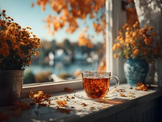 a cup of tea on a window sie, tea, cozy cafe background, tea cup, chamomile, autumn tranquility,