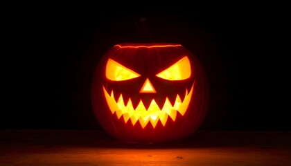 Glowing carved pumpkin face against black background