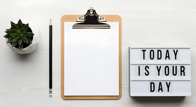 Overhead Flat Lay of Workspace with Today Is Your Day Lightbox Clipboard Plant and Pencil on White Surface