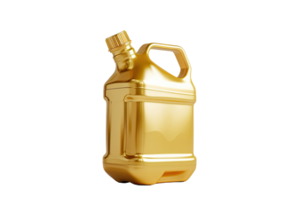A glossy, golden-yellow plastic jerry can.  3D rendered, isolated on black.  Features a handle, spout, and a capped opening