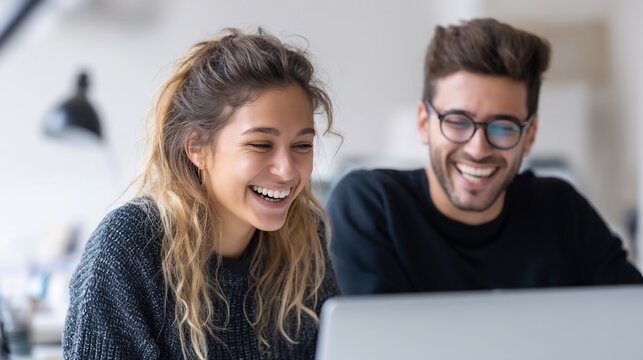 Two people happily looking at a laptop, smiling and laughing together