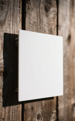 Blank square white sign mockup on a rustic weathered wood wall. Empty plaque template for logo or text presentation with space for copy.