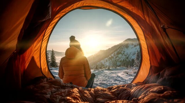 Sunrise Sentinel: A lone figure finds serenity within a tent, gazing at a picturesque mountain vista bathed in the radiant glow of the dawn.