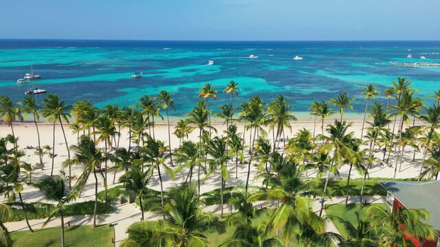 Beachfront Paradise with turquoise water and Palms in Punta Cana - Aerial View