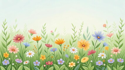 Obraz premium Watercolor illustration of a colorful flower meadow with various wildflowers and green grass in spring