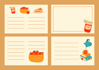 Flat vector set of four autumn-themed recipe and note cards with jam jars, apple baskets, coffee cups, and books. Perfect for seasonal stationery, printable planners, and kitchen recipe collections.