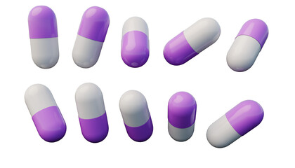 3D rendering of multiple purple and white medical capsules arranged in various positions. Transparent background, isolated objects for pharmaceutical and healthcare concepts.

