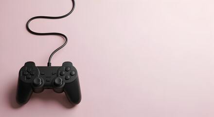 Overhead Shot of a Black Game Controller on Light Pink Background with Cable Minimalist Design and Soft Shadows