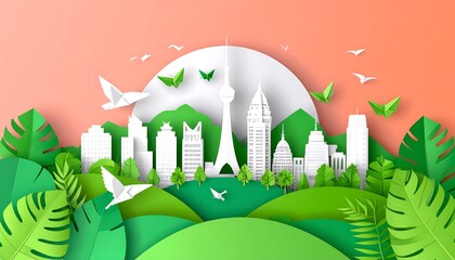 Cityscape with lush greenery, origami birds, and a pastel color scheme