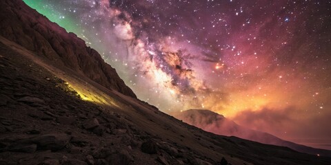 Vibrant milky way galaxy over a dramatic mountain landscape
