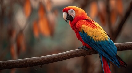 Obraz premium Vivid parrot perches on branch against blurred autumn foliage