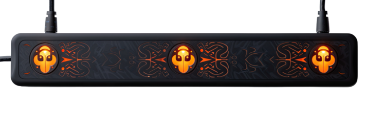 Dark-hued rectangular device with glowing orange symbols