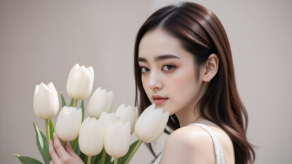 Fototapeta premium Elegant Asian woman holds white tulips indoors, gazing serenely.