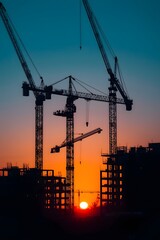 Construction cranes silhouetted against a vibrant sunset sky, with buildings under development, symbolizing growth, progress, and urban expansion in a dramatic evening cityscape


