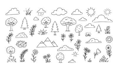 Doodle Landscape Set: Hand-Drawn Clouds, Trees, Mountains, and Flowers Illustration