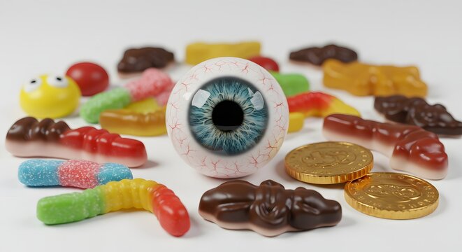 A realistic eyeball surrounded by various gummy candies on a white surface in a studio setting