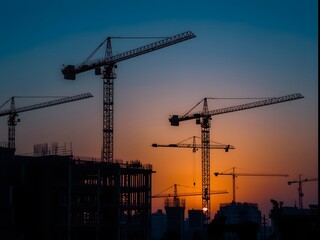 Construction cranes silhouetted against a vibrant sunset sky, with buildings under development, symbolizing growth, progress, and urban expansion in a dramatic evening cityscape

