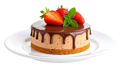 Delicious, round cheesecake topped with chocolate and strawberries