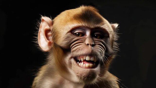 A monkey with a joyful expression, showing its teeth in an amusing manner.