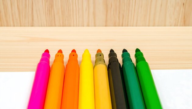 Colorful markers arranged on a light wooden surface