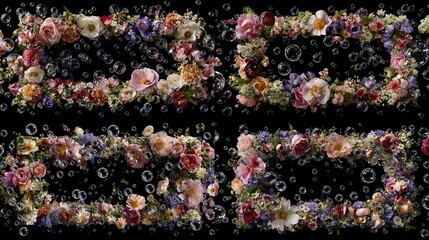 and keyword list based on the image, following your requirements

 Floral rectangles framed in black space with floating bubbles create artistic pattern.