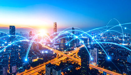 Connected city at night with digital network communications concept image