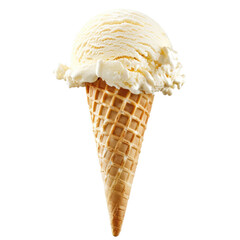 Vanilla ice cream scoop atop a waffle cone.  Creamy, pale yellow ice cream sits perfectly on a light tan, waffle-patterned cone.  Isolated against black background