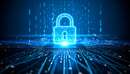 Digital security concept: Glowing padlock on circuit board with binary code