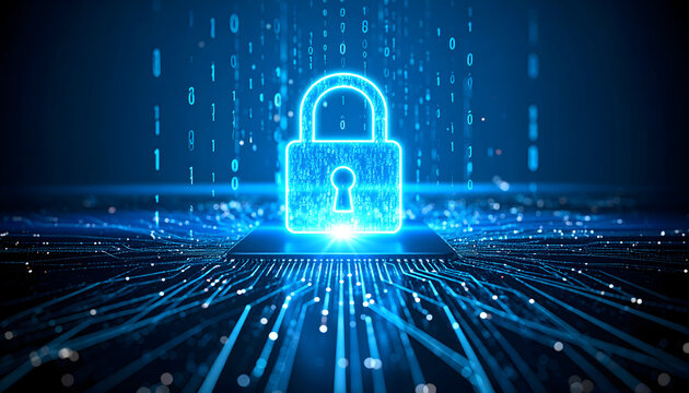 Digital security concept: Glowing padlock on circuit board with binary code
