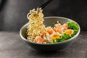 Noodles  shrimp and vegetables tasty seafood snack fresh delicious gourmet food background on the table rustic food top view copy space vegetarian food
