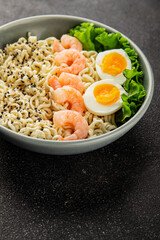 Noodles  shrimp and vegetables tasty seafood snack fresh delicious gourmet food background on the table rustic food top view copy space vegetarian food