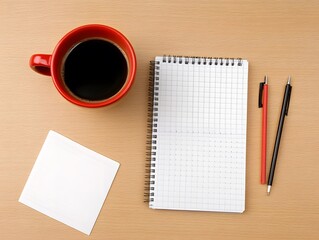 Red Mug Coffee Notebook Pens Flatlay Desk Workspace