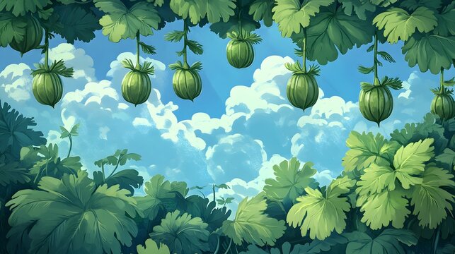 Vibrant Green Gooseberries Hanging from Lush Foliage Under a Sunny Sky - Powered by Adobe