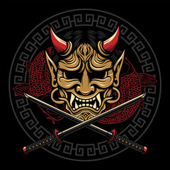 A detailed illustration of a red and gold Japanese Oni mask combined with a skull, framed by koi fish, crossed katana and a traditional geometric pattern