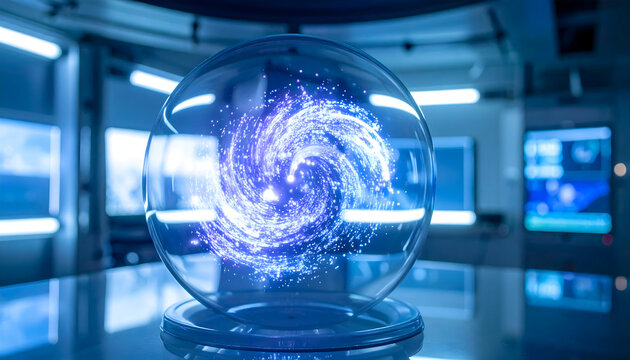 Futuristic energy core with swirling light in a glass sphere technology concept