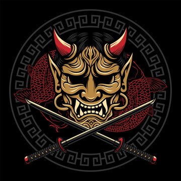 A detailed illustration of a red and gold Japanese Oni mask combined with a skull, framed by koi fish, crossed katana and a traditional geometric pattern