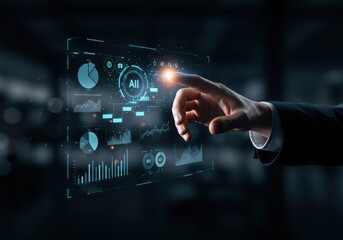 Hand interacting with futuristic digital interface displaying data and analytics