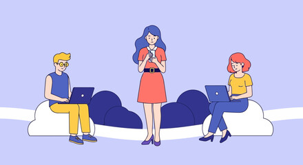 Vector art of team members working and communicating online using cloud technology for business and social media network connection