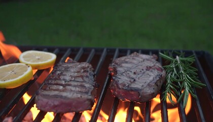 Grilled steaks with lemon and rosemary