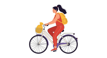 Fototapeta premium Vector art of a woman rides a bicycle with a basket and backpack for transportation and outdoor activity in the city